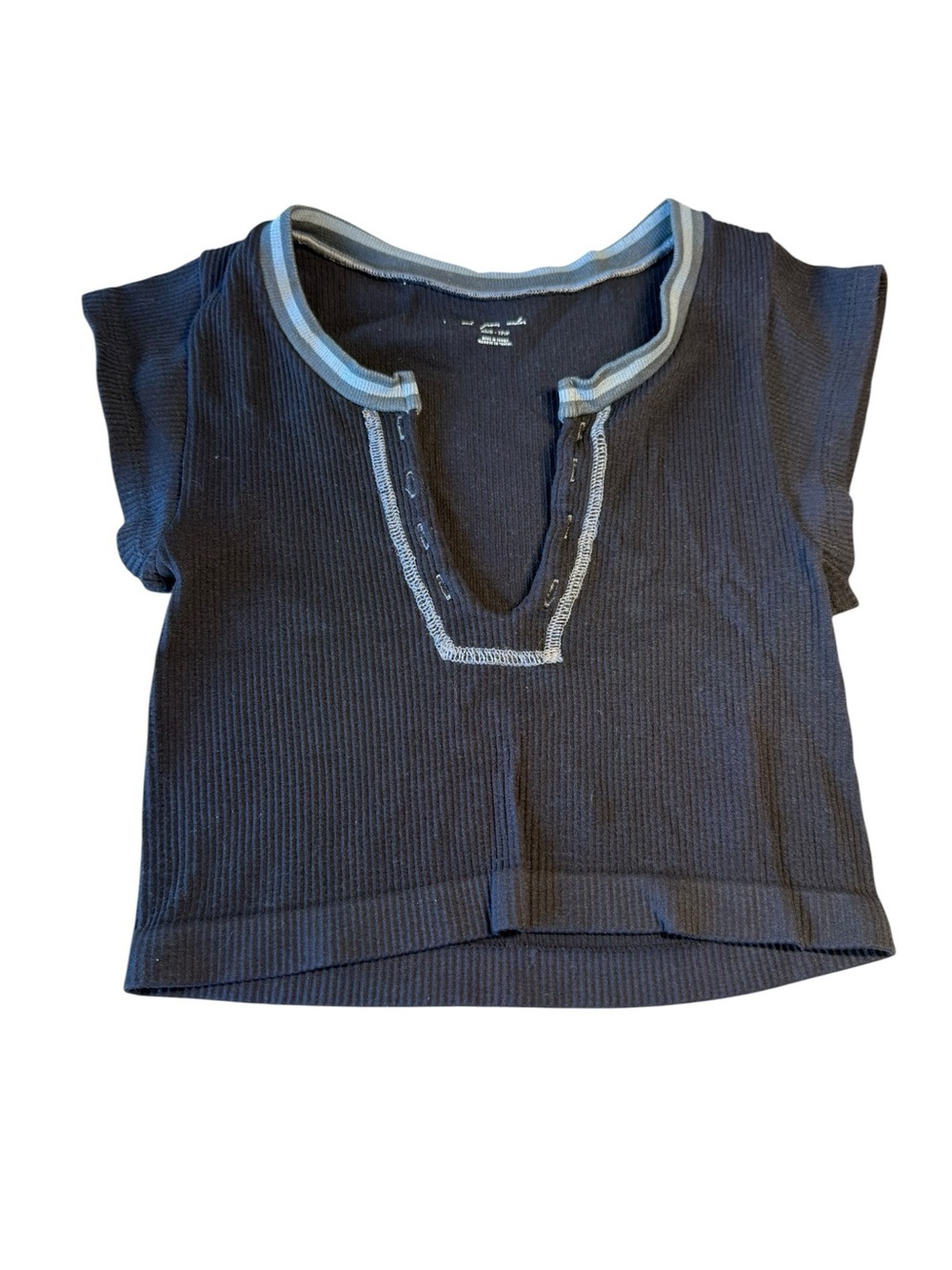 Urban Outfitters Navy Ribbed Short Sleeve‎ Tee with Light Blue Trim